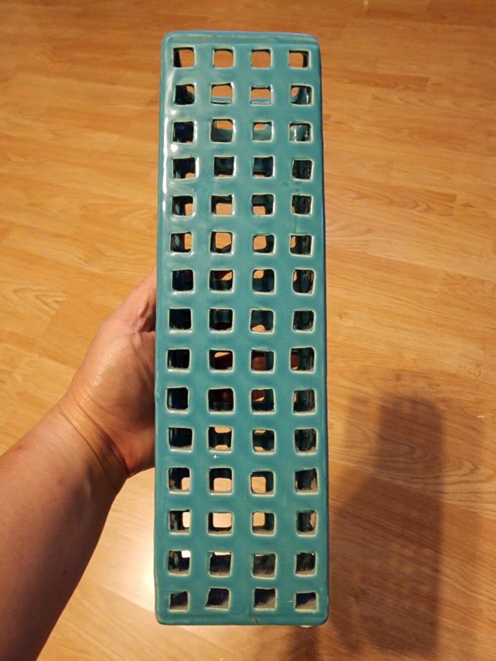 rectangular teal-blue geometric openwork ceramic vase